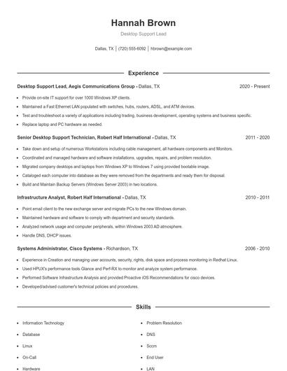 Desktop Support Lead Resume