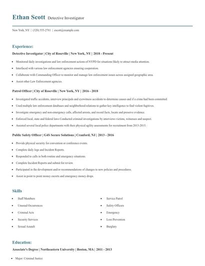 Detective Investigator Resume