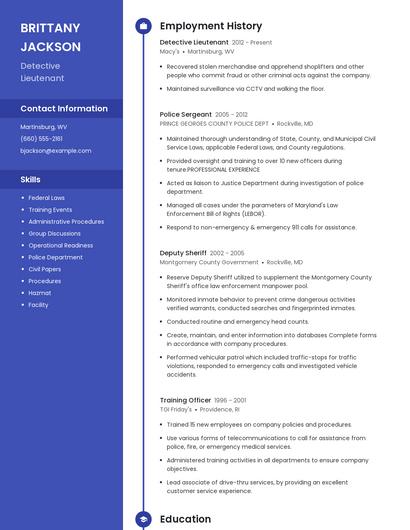 Detective Lieutenant Resume