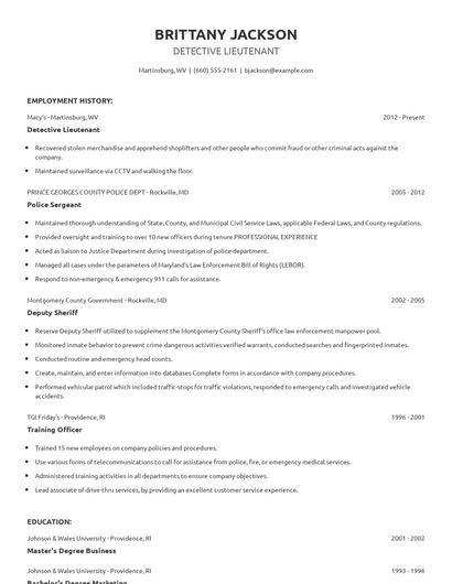 Detective Lieutenant Resume