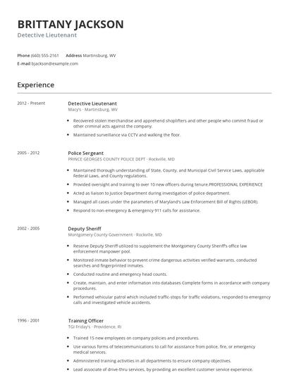 Detective Lieutenant Resume