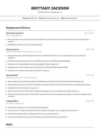 Detective Lieutenant Resume
