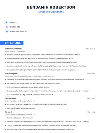 Detective Lieutenant Resume