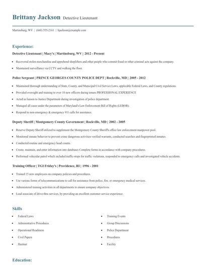 Detective Lieutenant Resume