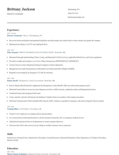 Detective Lieutenant Resume