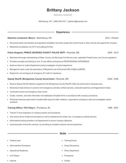 Detective Lieutenant Resume
