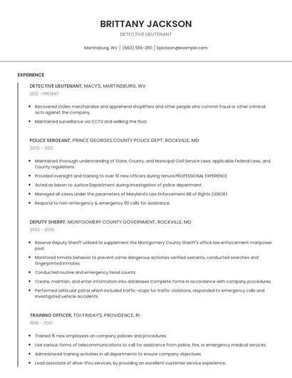 Detective Lieutenant Resume