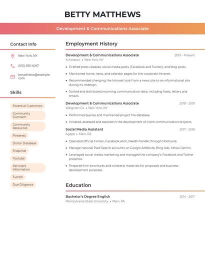 Development & Communications Associate Resume