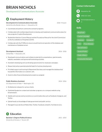 Development & Communications Associate Resume