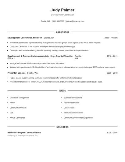 Development Coordinator Resume