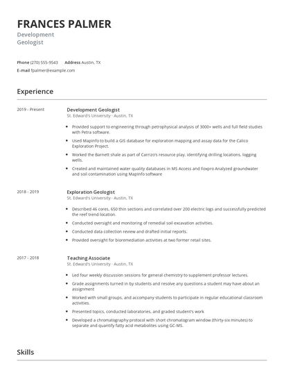 Development Geologist Resume