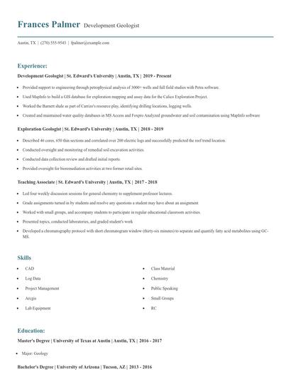 Development Geologist Resume