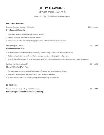 Development Mechanic Resume