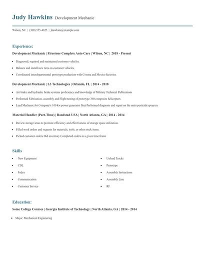 Development Mechanic Resume