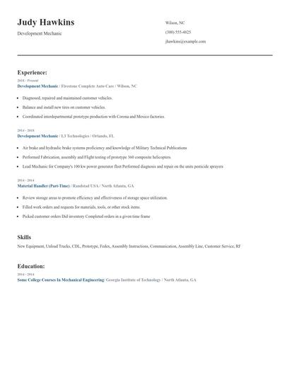 Development Mechanic Resume