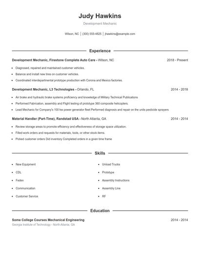 Development Mechanic Resume