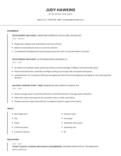 Development Mechanic Resume