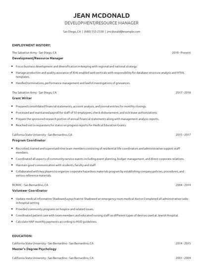 Development/Resource Manager Resume