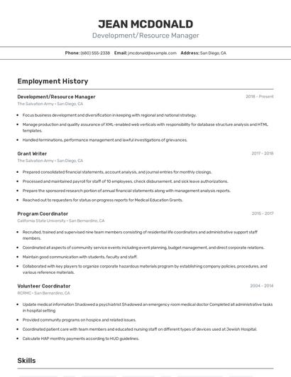 Development/Resource Manager Resume