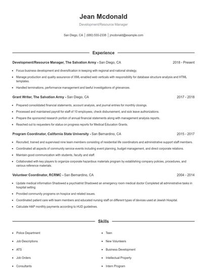 Development/Resource Manager Resume