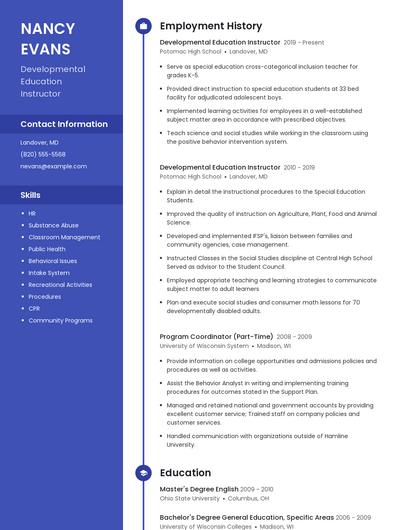 Developmental Education Instructor Resume
