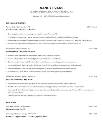 Developmental Education Instructor Resume