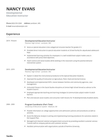 Developmental Education Instructor Resume