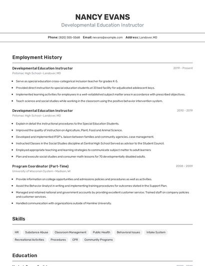 Developmental Education Instructor Resume