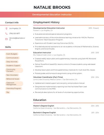Developmental Education Instructor Resume
