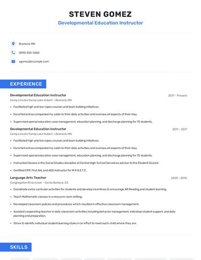 Developmental Education Instructor Resume