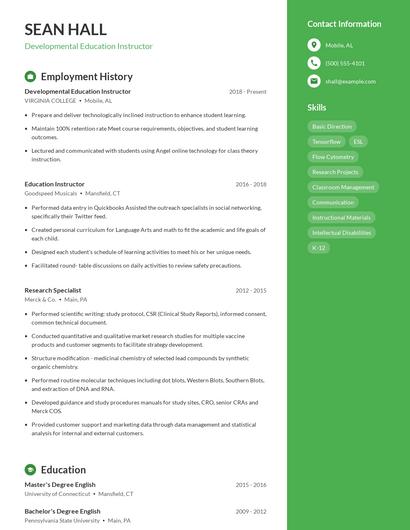 Developmental Education Instructor Resume