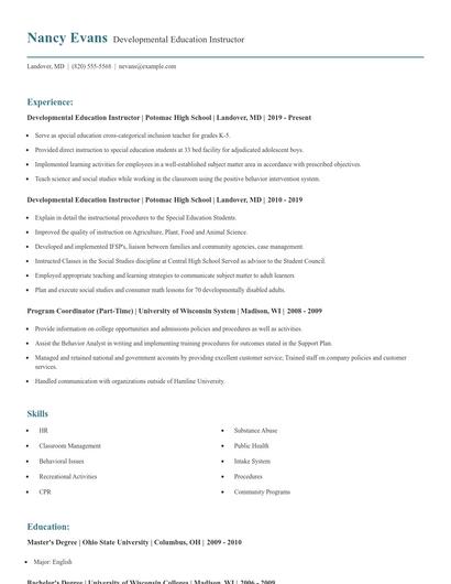 Developmental Education Instructor Resume