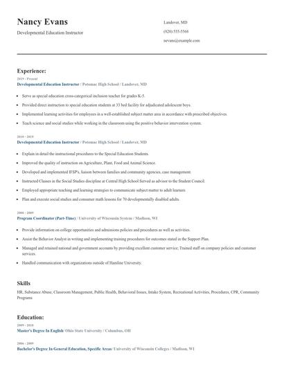 Developmental Education Instructor Resume