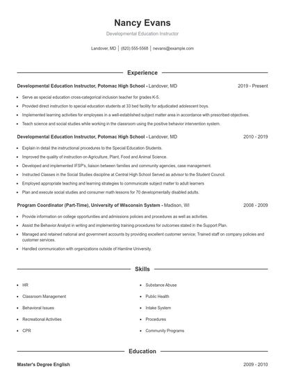 Developmental Education Instructor Resume