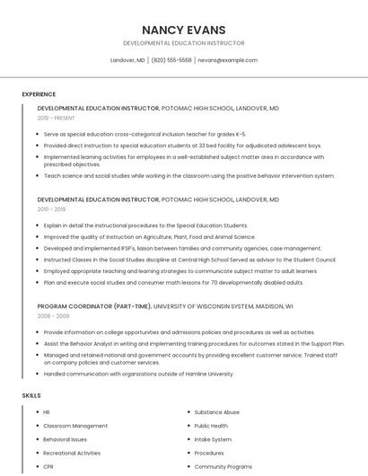 Developmental Education Instructor Resume