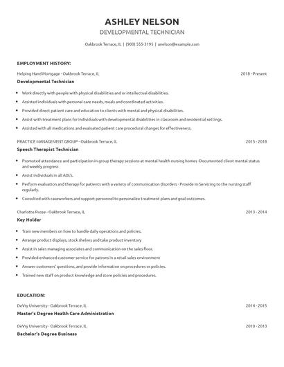 Developmental Technician Resume