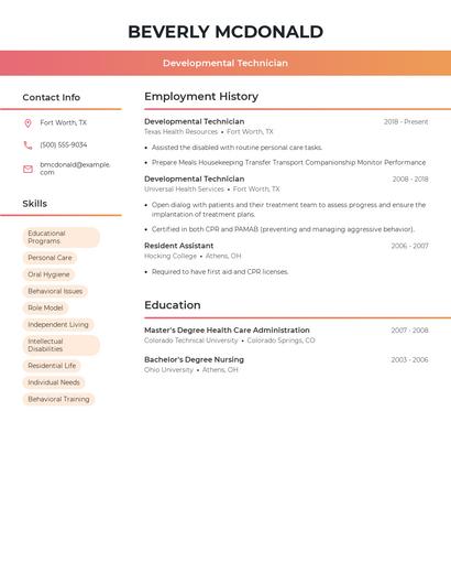 Developmental Technician Resume