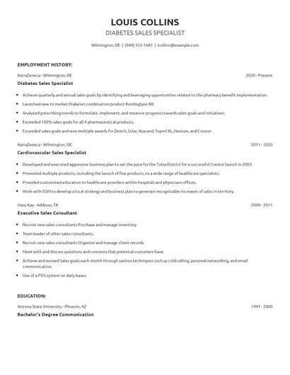 Diabetes Sales Specialist Resume