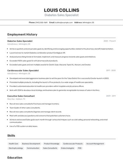 Diabetes Sales Specialist Resume