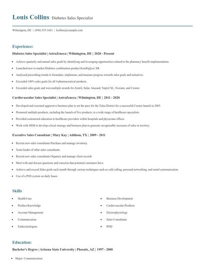 Diabetes Sales Specialist Resume