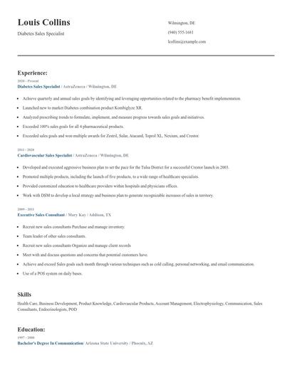 Diabetes Sales Specialist Resume
