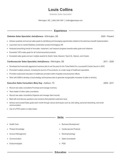 Diabetes Sales Specialist Resume