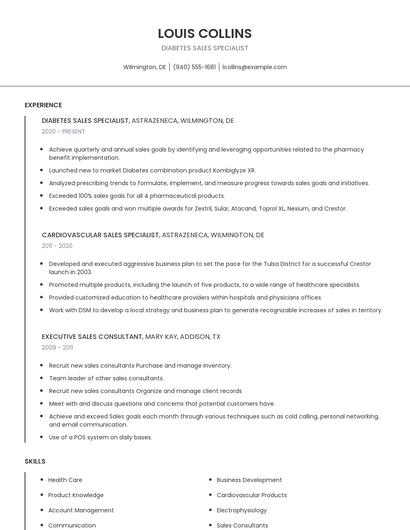Diabetes Sales Specialist Resume