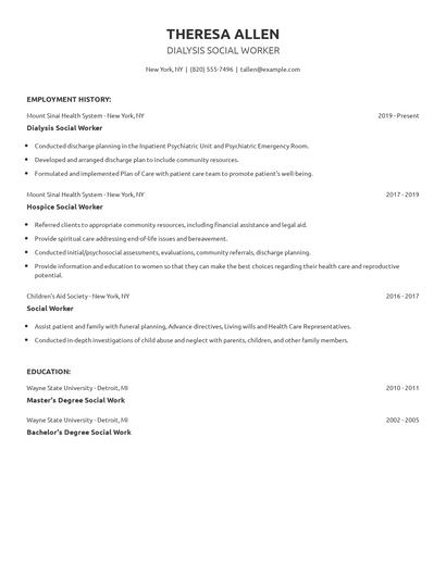 Dialysis Social Worker Resume