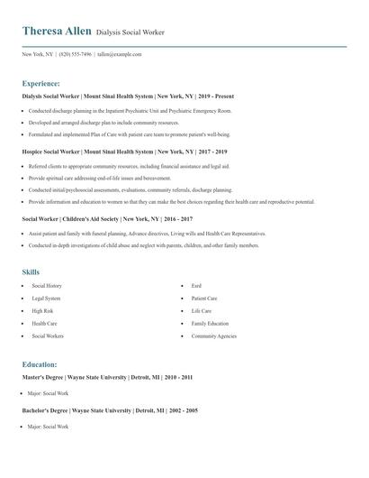 Dialysis Social Worker Resume