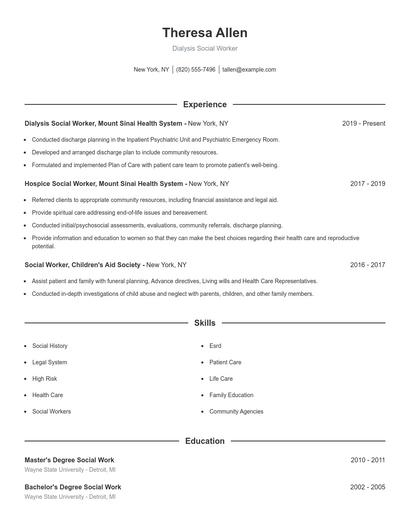 Dialysis Social Worker Resume