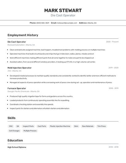 Die Cast Operator Resume