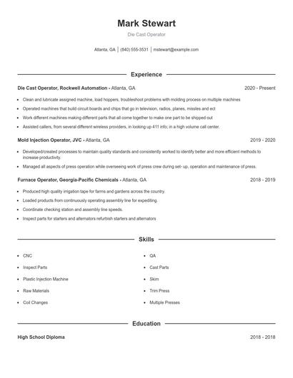 Die Cast Operator Resume
