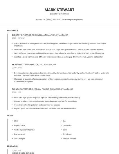 Die Cast Operator Resume