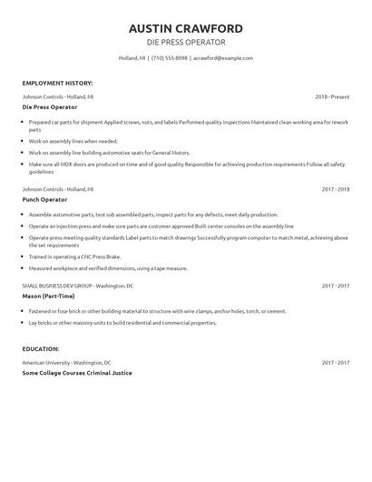 Die Press Operator Resume